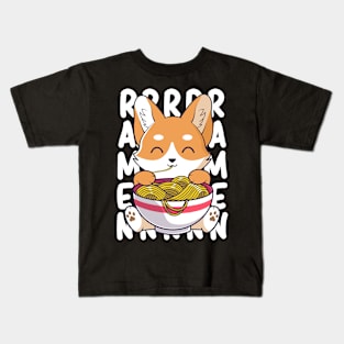 Cute Corgi Dog Eating Ramen Noodles Kawaii Puppy Kids T-Shirt